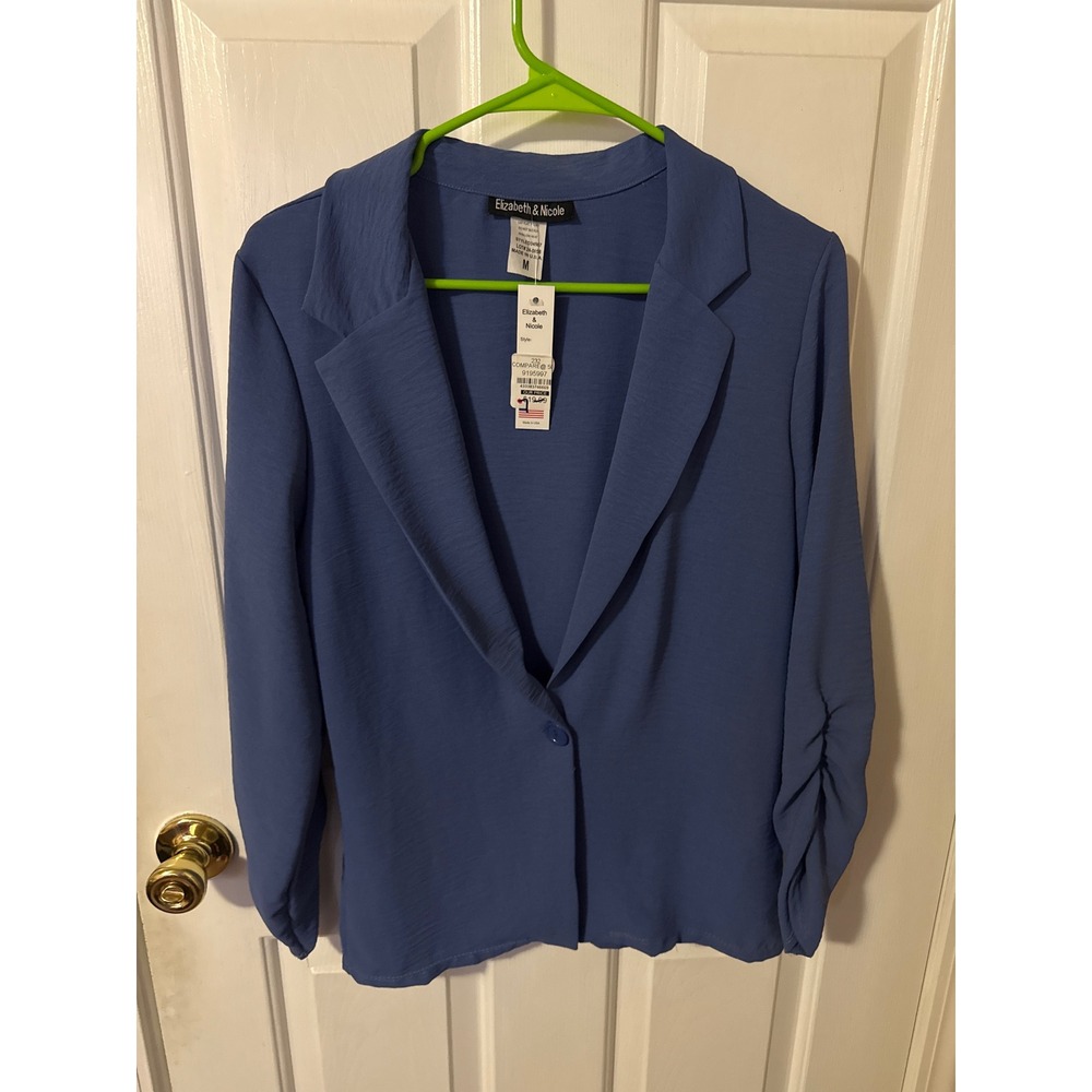 Elizabeth &‎ Nicole Blue Ruched Sleeve Blazer Single Button NWT medium office